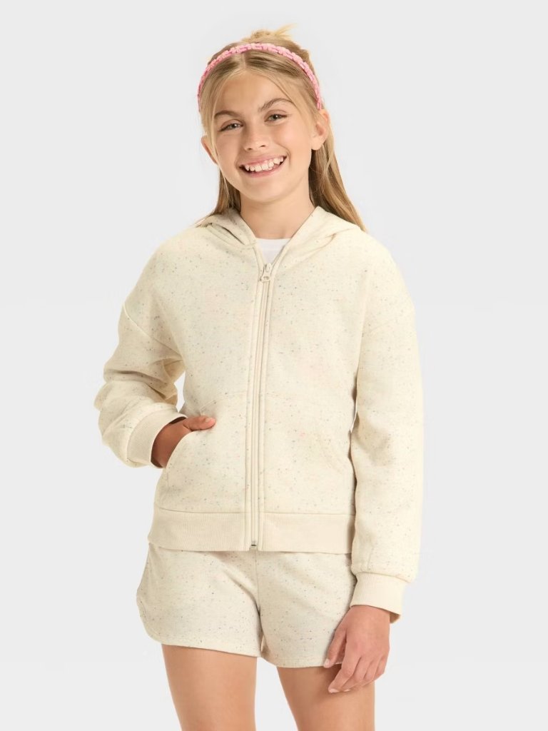 Girls' Fleece Polka Dots Hooded Zip-Up Sweatshirt - Cat & Jack Cream Xl